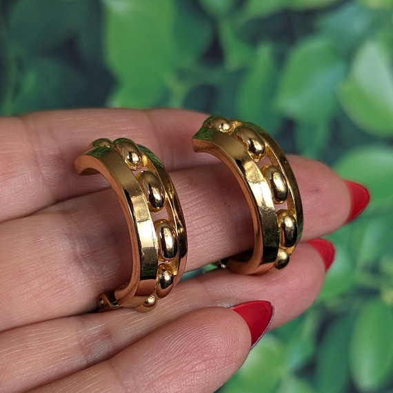 Vintage 80s Christian Dior Earrings Gold Half Hoop Studded