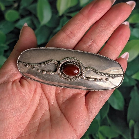 Vintage Sterling Silver Snake Barrette 925 Red Glass  display picture 1