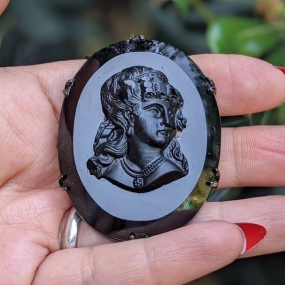 Victorian French Jet Mourning Cameo Brooch Pin - image 1