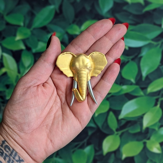Vintage JJ Gold Silver Elephant Brooch Jonette Signed Large Animal