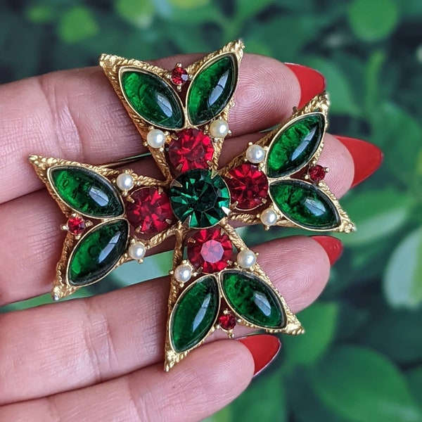 Vintage 1960s Albert Weiss Brooch - Rare Large Maltese Cross Signed Jeweled Pin