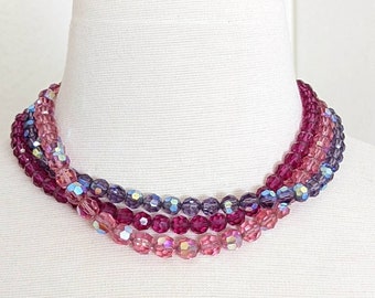 Vintage 1950s Austrian Crystal Necklace - Aurora Borealis Triple Strand Collar