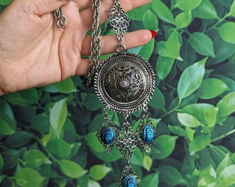 Vintage Scarab Medallion Necklace - Long Egyptian Revival Silver 70 Statement