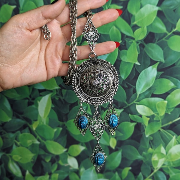 Vintage Scarab Medallion Necklace - Long Egyptian Revival Silver 70 Statement