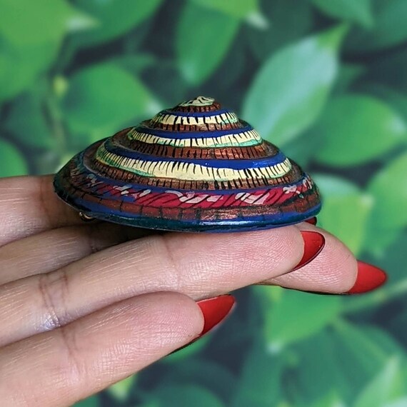 Vintage Turban Snail Shell Brooch - Painted Woode… - image 2