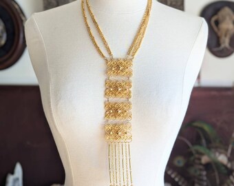 1970s Gold Tiered Fringe Boho Necklace