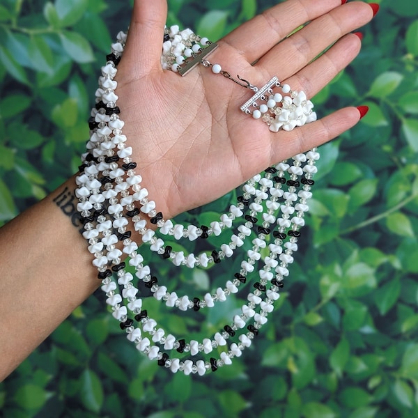 Vintage 1950s Tiered Glass Beads Necklace - Milk White Black Layered Choker Bib