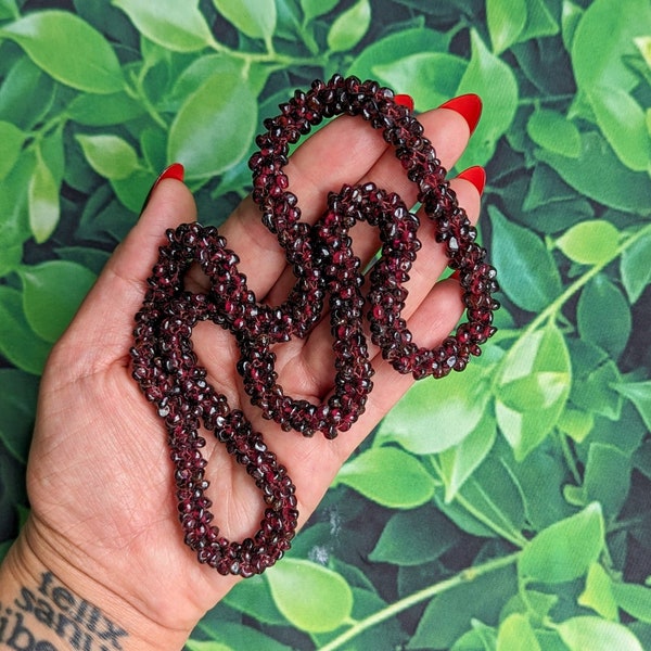 Vintage Garnet Beaded Necklace - Woven Red Genuine Gemstone Braided Rope Chain