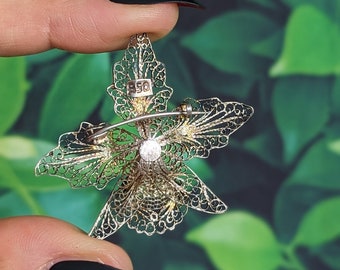 Vintage Filigree Orchid Brooch - 950 Silver Artisan Made Wirework