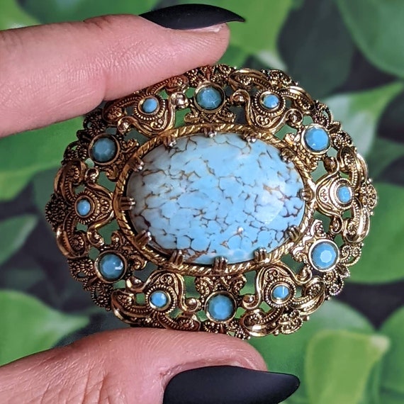 Vintage West Germany Brooch - Turquoise Art Glass… - image 1