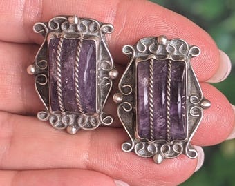 Aretes vintage de amatista de plata esterlina 925 artesanales de México, década de 1970, Post Taxco
