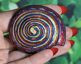 Vintage Turban Snail Shell Brooch - Painted Wooden Folk Art Pin