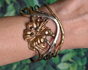 Vintage 70s Artisan Cuff Floral Mixed Metal Copper Brass Botanical 1970 Bracelet