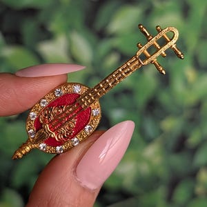 Vintage Mandolin Brooch Enamel Rhinestone Red Gold Italian Instrument Pin