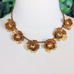 Vintage 1940s Brass Flower Necklace Art Deco Roses 1940s Golden Statement Chain