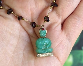 Repurposed Vintage Buddha Necklace - 1950s Charm Pendant & Garnet Wrapped Chain