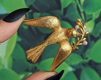 Broche vintage hirondelle Marvella - Broche oiseau dorée et perles des années 1950, colombe signée