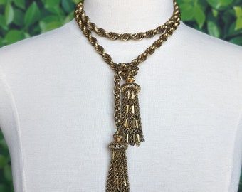 Vintage Monet Damita Tassel Necklace - Gold chunk Rope Chain Layering 60s Signed