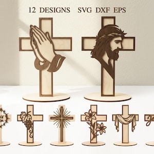 May include: A collection of wooden crosses in various designs. Some crosses feature praying hands, a depiction of Jesus, and other religious symbols. The crosses are displayed on circular bases, with the text "12 DESIGNS SVG DXF EPS" at the top.