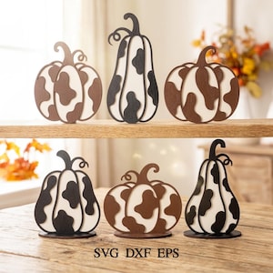 May include: Six decorative pumpkin cutouts featuring cow print patterns in black, white, and brown. The pumpkins are arranged on two levels, with three on a shelf and three on a wooden surface. The text SVG DXF EPS is printed at the bottom.