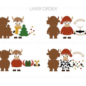May include: A digital illustration featuring a brown yak with various holiday-themed accessories. The image includes a Christmas tree, a Santa hat, a red sweater, and a string of lights. The text "LAYER ORDER" is at the top.
