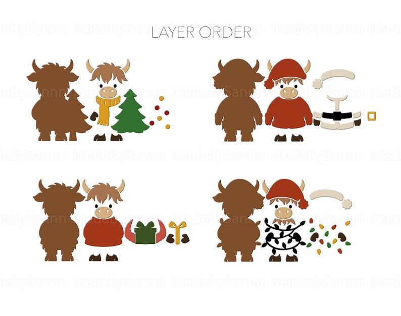 May include: A digital illustration featuring a brown yak with various holiday-themed accessories. The image includes a Christmas tree, a Santa hat, a red sweater, and a string of lights. The text "LAYER ORDER" is at the top.