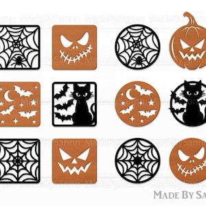 12 Coffee Tea Coaster, Halloween Pumpkin Wood Coaster, Halloween Coasters, Halloween Decor, Bat Svg, Pumpkin Svg, Ghost Svg, Glowforge File