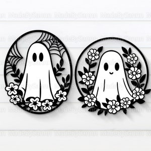 Halloween Ghosts Door Hanger Svg, Ghost With Flowers Svg, Halloween Decor Svg, Ghosts Laser Cut Files, Halloween Svg, Spooky Glowforge Svg