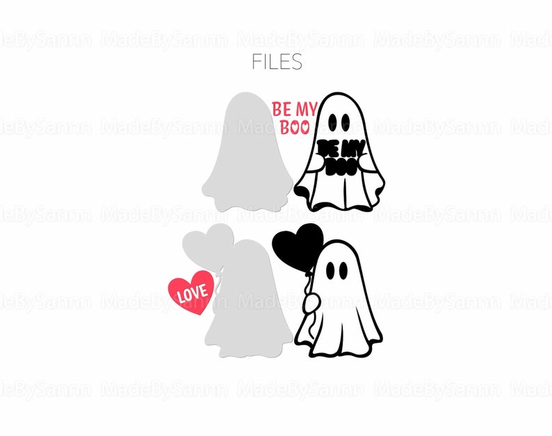 May include: Two black and white ghost illustrations. One ghost is holding a sign that says "Be My Boo". The other ghost is holding a black heart balloon. The text "Love" is in a red heart shape.