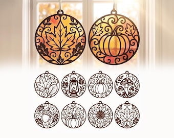 Herfst raamdecoratie SVG-bundel, lasergesneden houten ornamenten, raamdecoratie, herfst SVG, pompoen raamdecoratie, Xtool Glowforge bestanden, lichtvanger