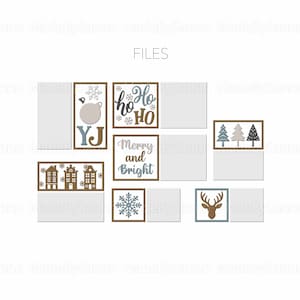 Peut inclure: Un ensemble de huit fichiers num&eacute;riques imprimables sur le th&egrave;me de No&euml;l. Les fichiers pr&eacute;sentent des illustrations d'un sapin de No&euml;l, d'un renne, d'un flocon de neige, de maisons et le texte "Ho Ho Ho" et "Merry and Bright".