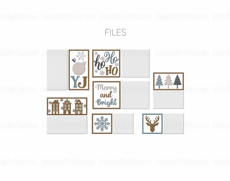 Peut inclure: Un ensemble de huit fichiers num&eacute;riques imprimables sur le th&egrave;me de No&euml;l. Les fichiers pr&eacute;sentent des illustrations d'un sapin de No&euml;l, d'un renne, d'un flocon de neige, de maisons et le texte "Ho Ho Ho" et "Merry and Bright".