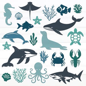 Pode incluir: Um conjunto de 14 arquivos de corte SVG com tema oceânico, apresentando uma variedade de criaturas marinhas, incluindo uma baleia, um golfinho, um tubarão, um polvo, um cavalo-marinho, uma estrela do mar, um caranguejo, uma lagosta, uma tartaruga e muito mais. Os arquivos estão em um esquema de cores azul e verde.