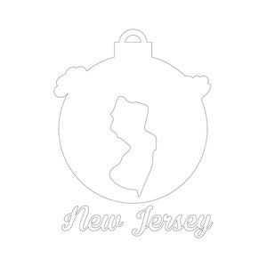 Pode incluir: Esbo&ccedil;o do estado de Nova Jersey dentro de um enfeite de Natal com um la&ccedil;o no topo. O texto "New Jersey" est&aacute; escrito abaixo do enfeite.
