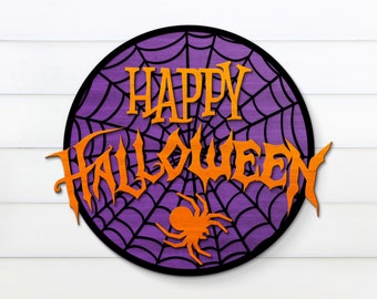 Happy Halloween svg, Halloween Sign svg, Halloween Door Hanger svg, Halloween Glowforge svg, Spider Web Halloween Sign svg dxf