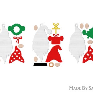 May include: A set of Christmas gnome craft cutouts. The set includes a white beard, red hat, green wreath, red and white polka dot skirt, red hat with a gift box, a red and white star skirt, and a green Christmas tree.