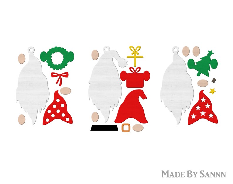 May include: A set of Christmas gnome craft cutouts. The set includes a white beard, red hat, green wreath, red and white polka dot skirt, red hat with a gift box, a red and white star skirt, and a green Christmas tree.