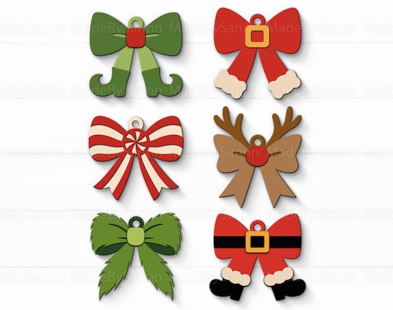 Christmas Bows SVG Bundle, Cute Holiday Bow Ornaments, Santa Elf Reindeer Candy Cane Bow, Christmas Decor Svg, Laser Cut File, Glowforge Svg