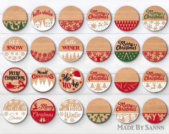 May include: Twenty-four round wooden ornaments with various Christmas-themed designs. The designs include snowflakes, reindeer, Christmas trees, and the words "Merry Christmas", "Let it Snow", "Hello Winter", and "Ho Ho Ho".