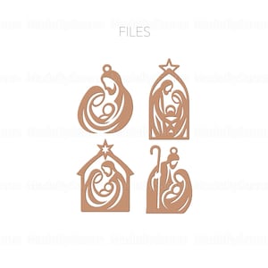 May include: Four laser-cut wooden Christmas ornaments in a warm brown color. The designs depict the Nativity scene, including Mary, Joseph, and baby Jesus, in various stylized forms. The word "FILES" is at the top.