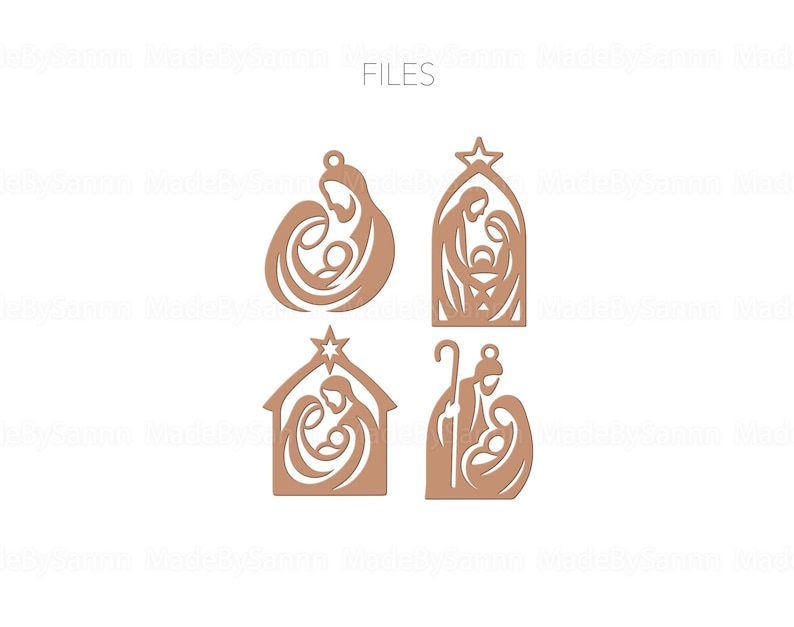 May include: Four laser-cut wooden Christmas ornaments in a warm brown color. The designs depict the Nativity scene, including Mary, Joseph, and baby Jesus, in various stylized forms. The word "FILES" is at the top.