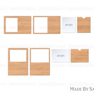 May include: Four wooden frames with a cutout in the center. The frames are made of light brown wood and have a natural wood grain. The frames are arranged in two rows of two. The top row has two frames with a rectangular cutout, while the bottom row has two frames with a square cutout. The frames are labeled "acrylic" in the center of the image.