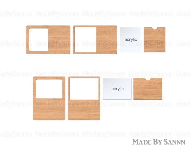 May include: Four wooden frames with a cutout in the center. The frames are made of light brown wood and have a natural wood grain. The frames are arranged in two rows of two. The top row has two frames with a rectangular cutout, while the bottom row has two frames with a square cutout. The frames are labeled "acrylic" in the center of the image.