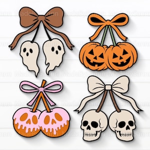 May include: A collection of Halloween-themed digital illustrations. The designs include pairs of ghosts, jack-o'-lanterns, and skulls, each connected by stems and adorned with bows. The color palette features orange, pink, brown, and cream.