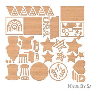 May include: A set of laser cut wood shapes for crafting, featuring patriotic themes like stars, stripes, fireworks, and a jeep. The set also includes a silhouette of Uncle Sam, a rainbow, and a heart. The text "MADE BY SANNN" is visible at the bottom of the image.