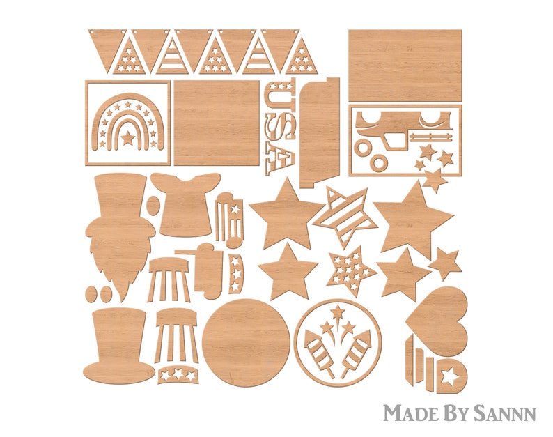 May include: A set of laser cut wood shapes for crafting, featuring patriotic themes like stars, stripes, fireworks, and a jeep. The set also includes a silhouette of Uncle Sam, a rainbow, and a heart. The text "MADE BY SANNN" is visible at the bottom of the image.