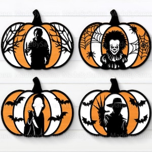 May include: Four orange and white pumpkin-shaped decorations with black silhouettes of horror movie characters. The characters are Michael Myers, Pennywise, Freddy Krueger, and Jason Voorhees.
