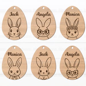Étiquette de nom de panier d'oeufs de Pâques svg, étiquette de lapin de Pâques svg, fichier de découpe laser d'étiquette de panier de lapin, étiquette de nom de panier svg, étiquettes d'oeufs svg, gravure de lapin