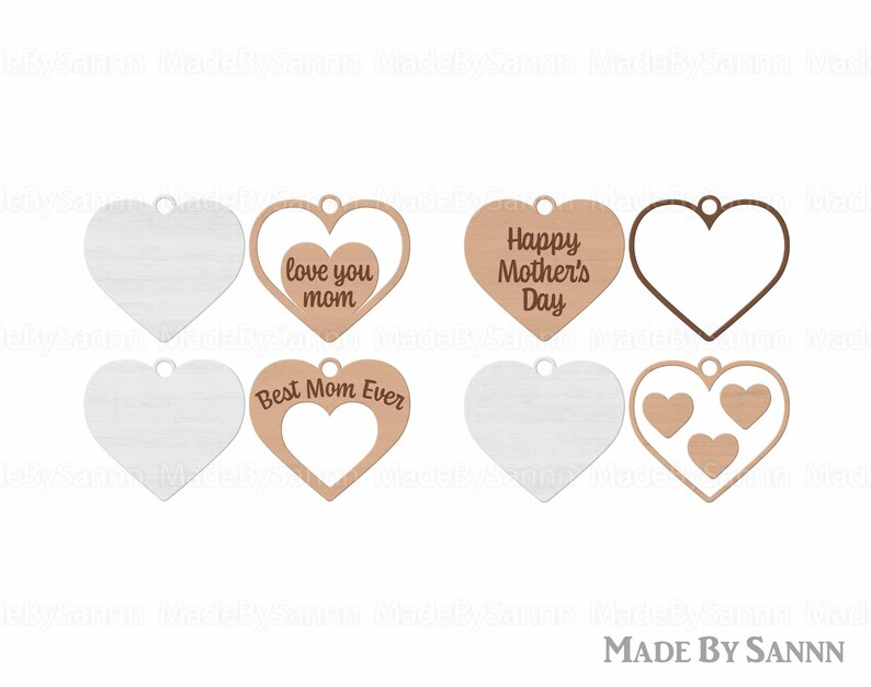 Puede incluir: Seis adornos de madera en forma de coraz&oacute;n con diferentes dise&ntilde;os. Uno tiene el texto "Love you mom", otro dice "Happy Mother's Day" y otro dice "Best Mom Ever". Dos est&aacute;n en blanco y uno tiene tres corazones m&aacute;s peque&ntilde;os dentro.