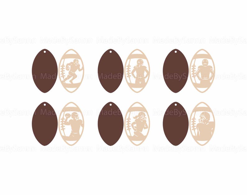 May include: A collection of six football-themed earrings. Each earring features a brown oval shape paired with a football-shaped cutout. The cutouts depict football players in action. The earrings are designed with a small hole at the top for hanging.